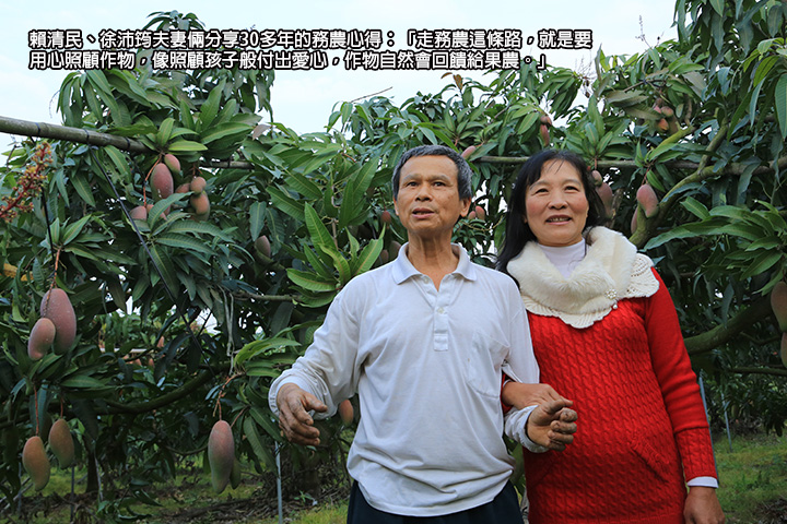 賴清民、徐沛筠夫妻倆分享30多年的務農心得：「走務農這條路，就是要用心照顧作物，像照顧孩子般付出愛心，作物自然會回饋給果農。」